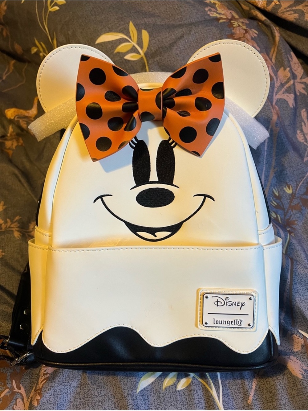 Loungefly White Minnie Ear Mini Backpack with Orange Polka Dot Bow Glow in Dark